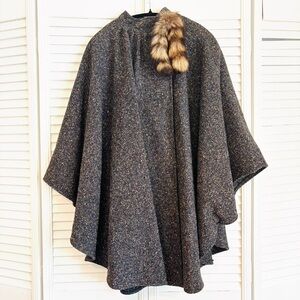 Vintage 1960s Cape Wool Coat with Fur Tails 60s MOD Flecked Tweed Black Gray